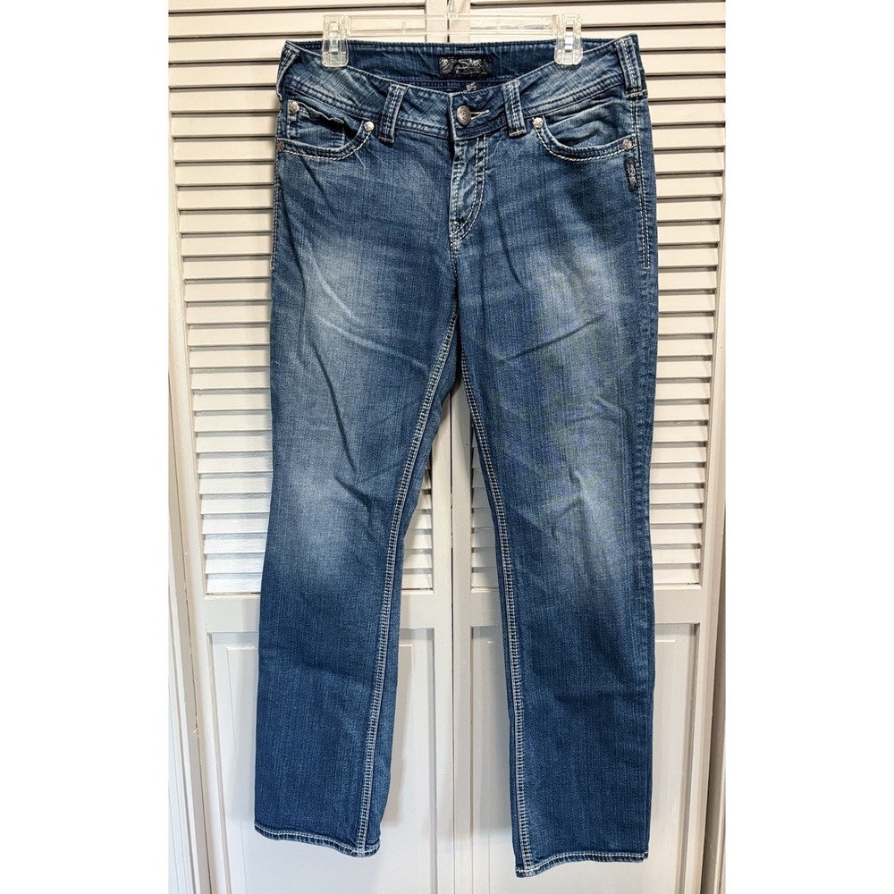 Silver Jeans Suki Surplus Straight Med Wash Low Rise Embroidery‎ Size 31/32 Logo